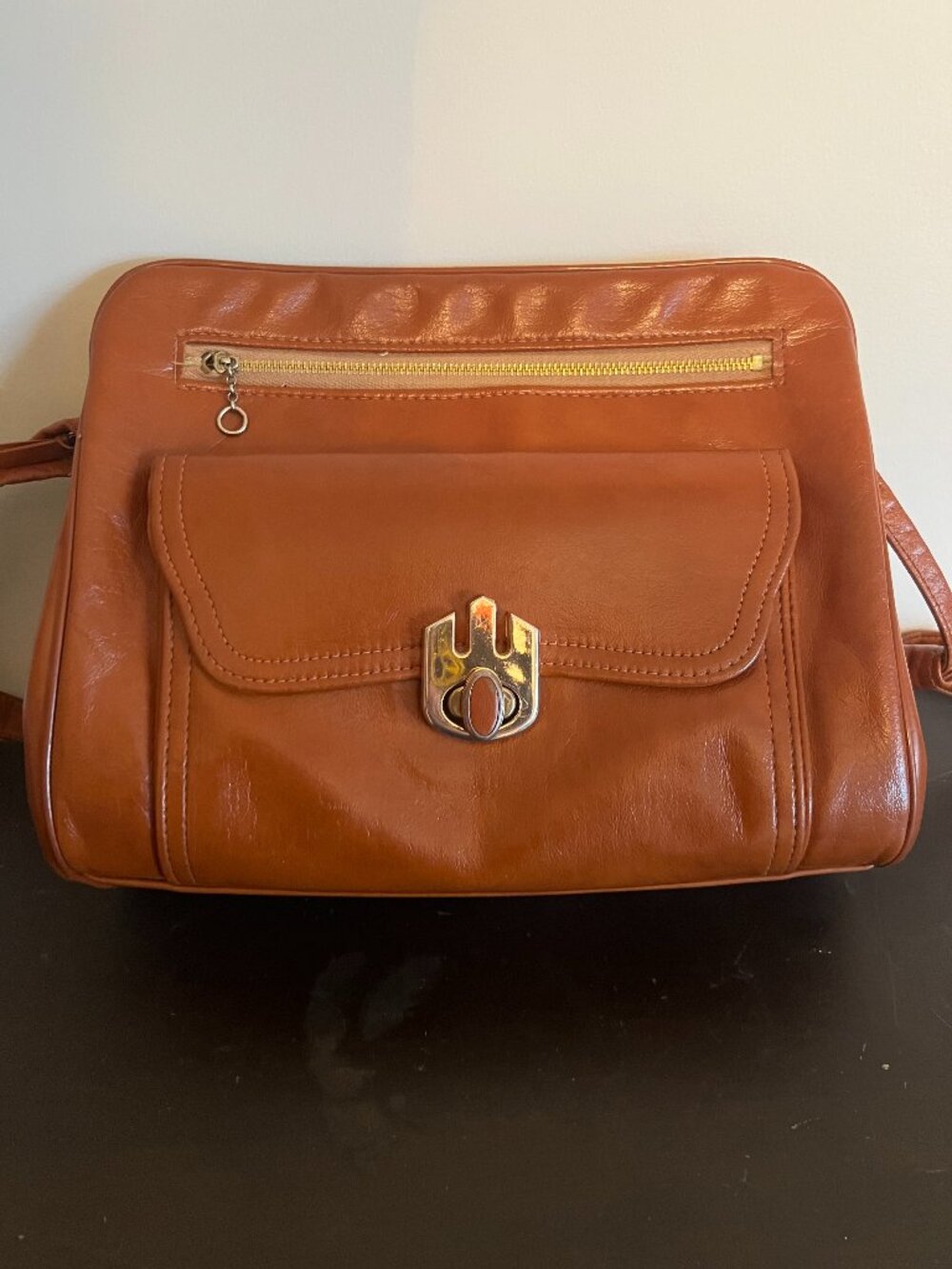 Vintage Empress Cognac Brown Leather Shoulder Bag Retro Turn Lock Purse